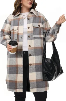 NIeyook Womens Plus Size Shacket Jacket 2024 Fall Plaid Flannel Button Down Shirts Long Sleeve Tartan Jackets Coats
