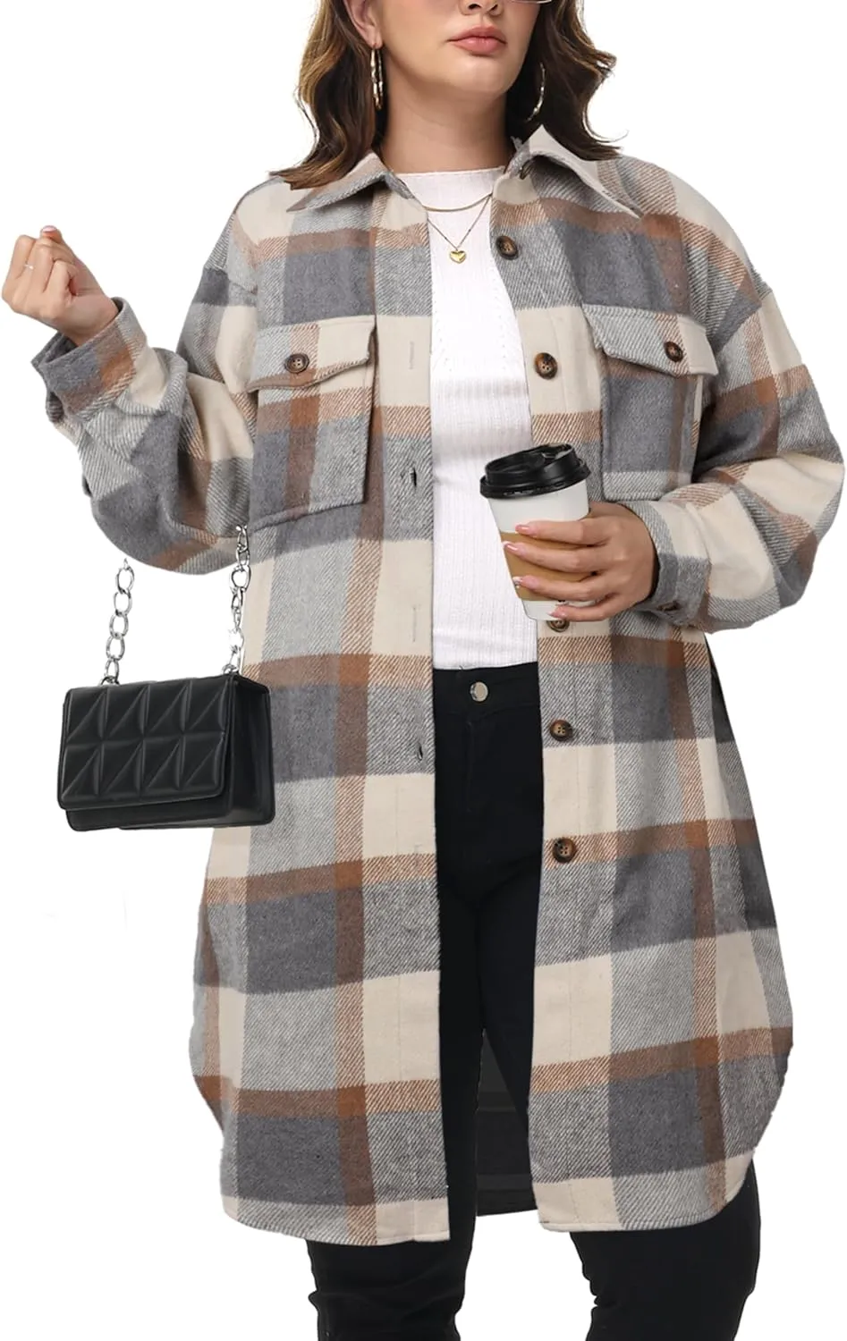 NIeyook Womens Plus Size Shacket Jacket 2024 Fall Plaid Flannel Button Down Shirts Long Sleeve Tartan Jackets Coats