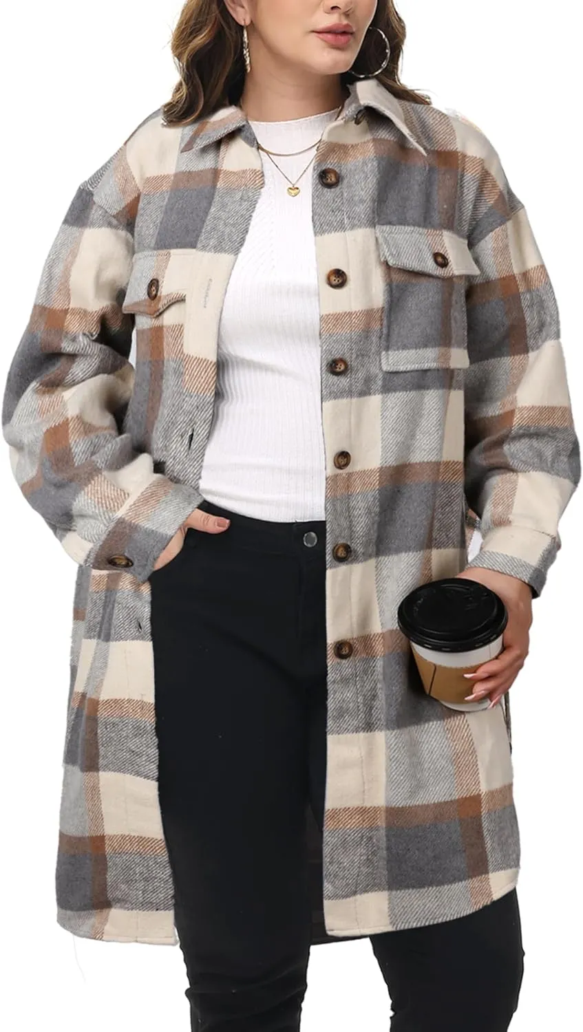 NIeyook Womens Plus Size Shacket Jacket 2024 Fall Plaid Flannel Button Down Shirts Long Sleeve Tartan Jackets Coats