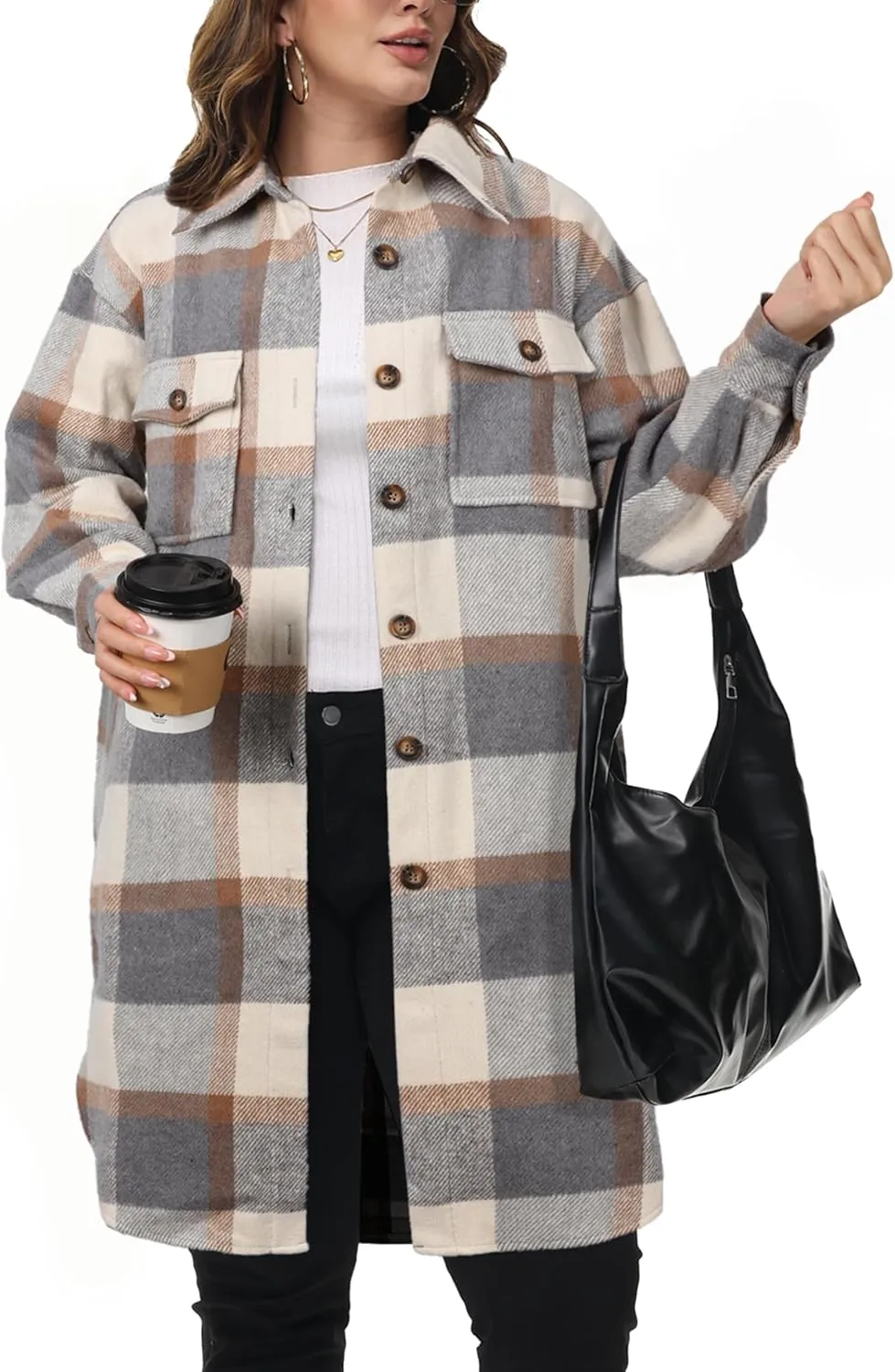 NIeyook Womens Plus Size Shacket Jacket 2024 Fall Plaid Flannel Button Down Shirts Long Sleeve Tartan Jackets Coats