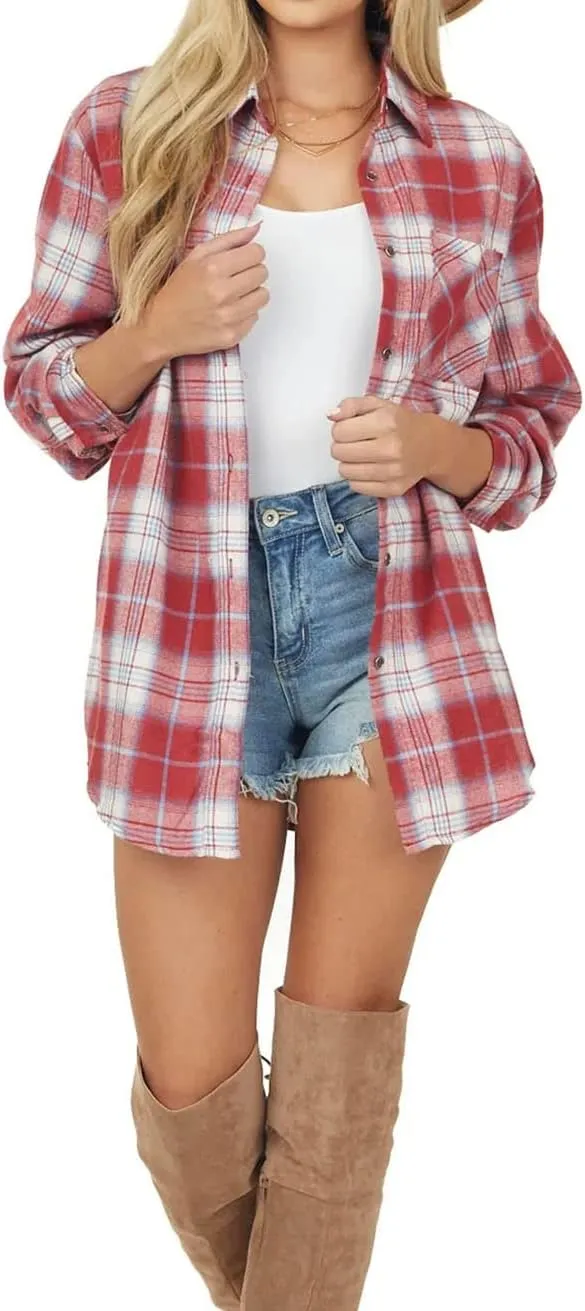 NUOREEL Women's Plaid Flannel Long Sleeve Button-Down Shirt