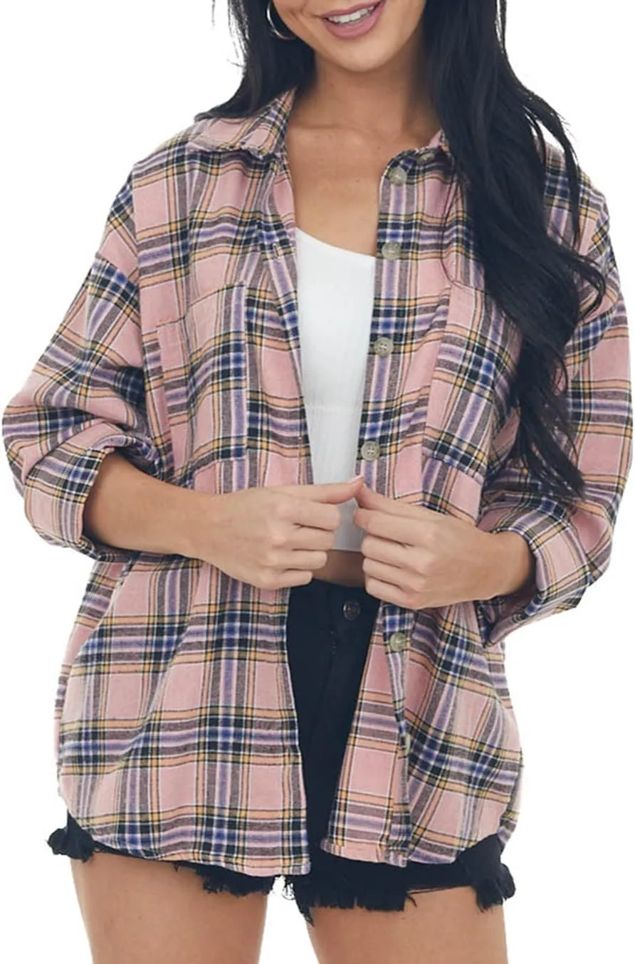 NUOREEL Women's Plaid Flannel Long Sleeve Button-Down Shirt