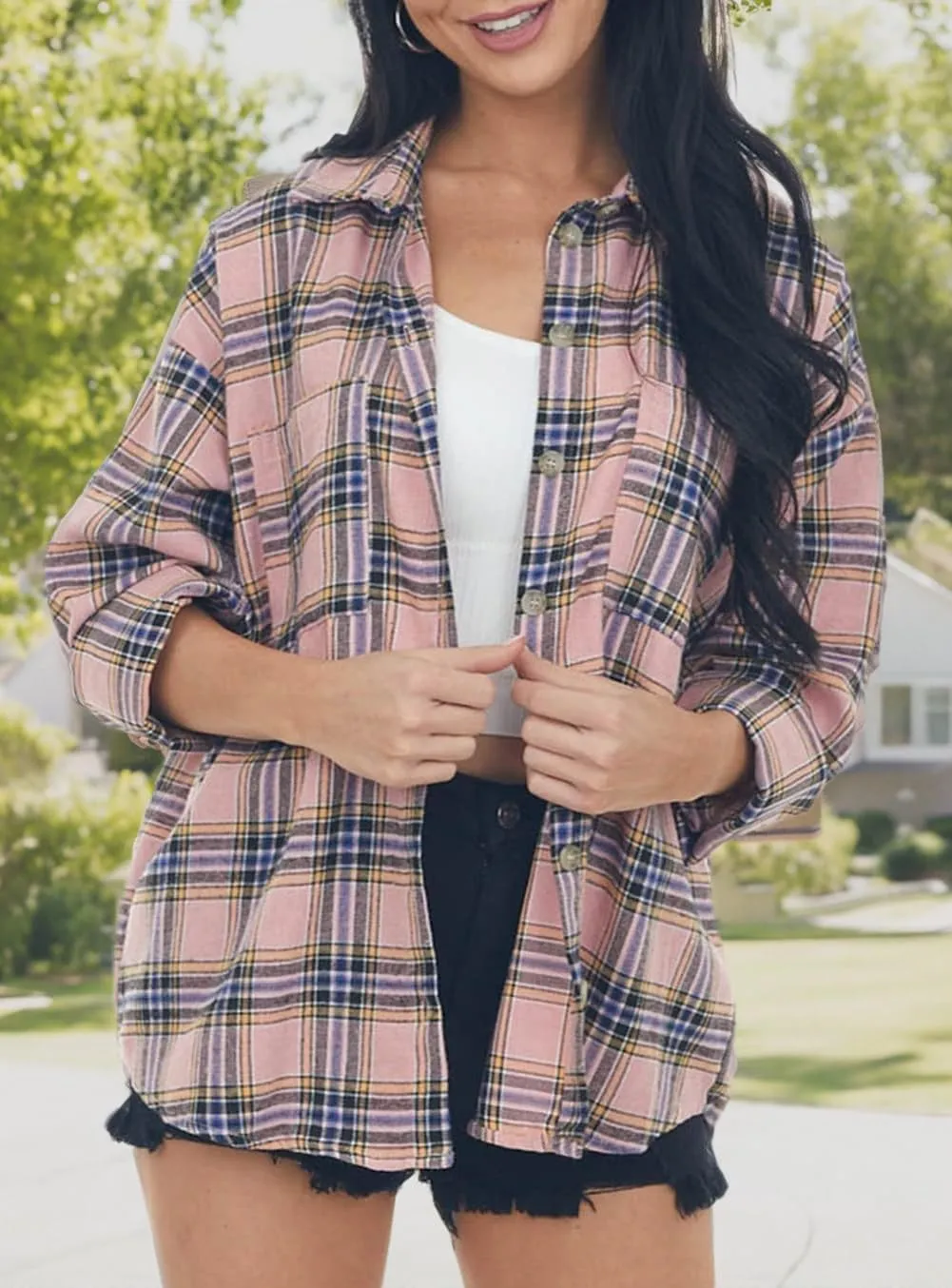 NUOREEL Women's Plaid Flannel Long Sleeve Button-Down Shirt