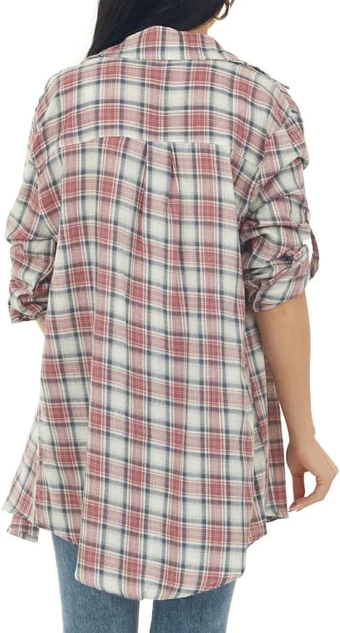 NUOREEL Women's Plaid Flannel Long Sleeve Button-Down Shirt