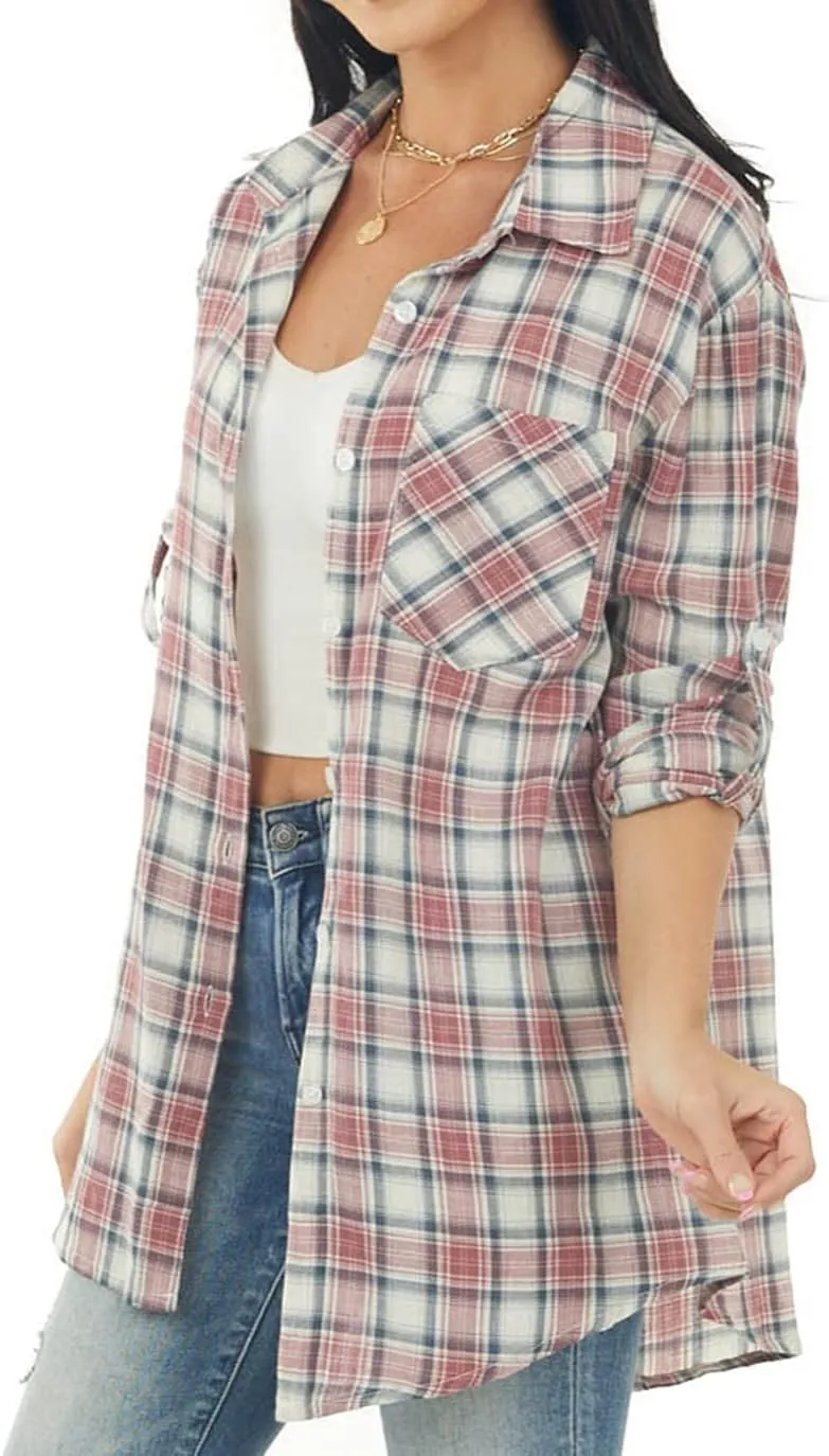 NUOREEL Women's Plaid Flannel Long Sleeve Button-Down Shirt