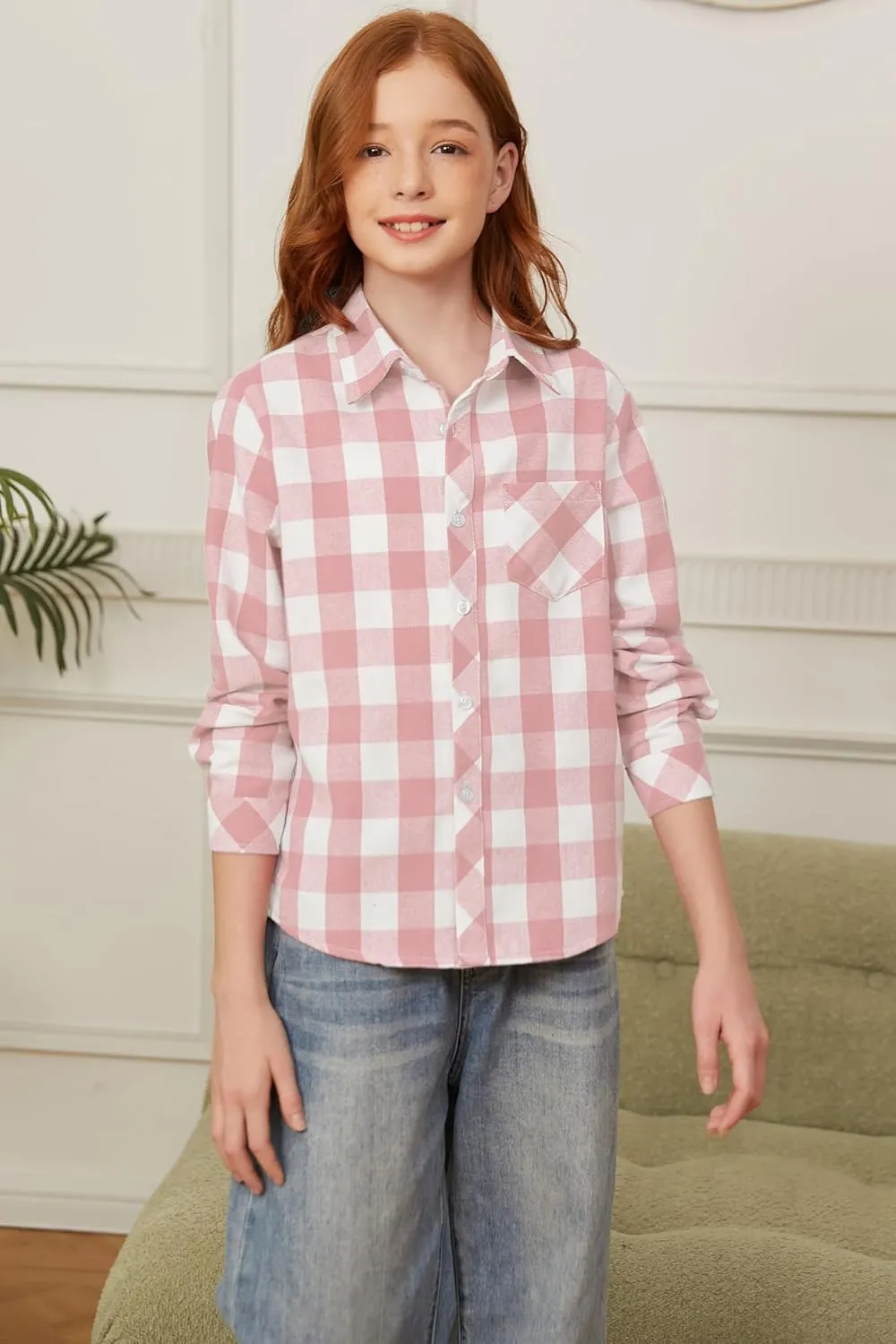 SANGTREE Womens and Girls Long Sleeve Flannel Shirt Casual Button Down Plaid Shirts, 3 Months - Adult 2XL