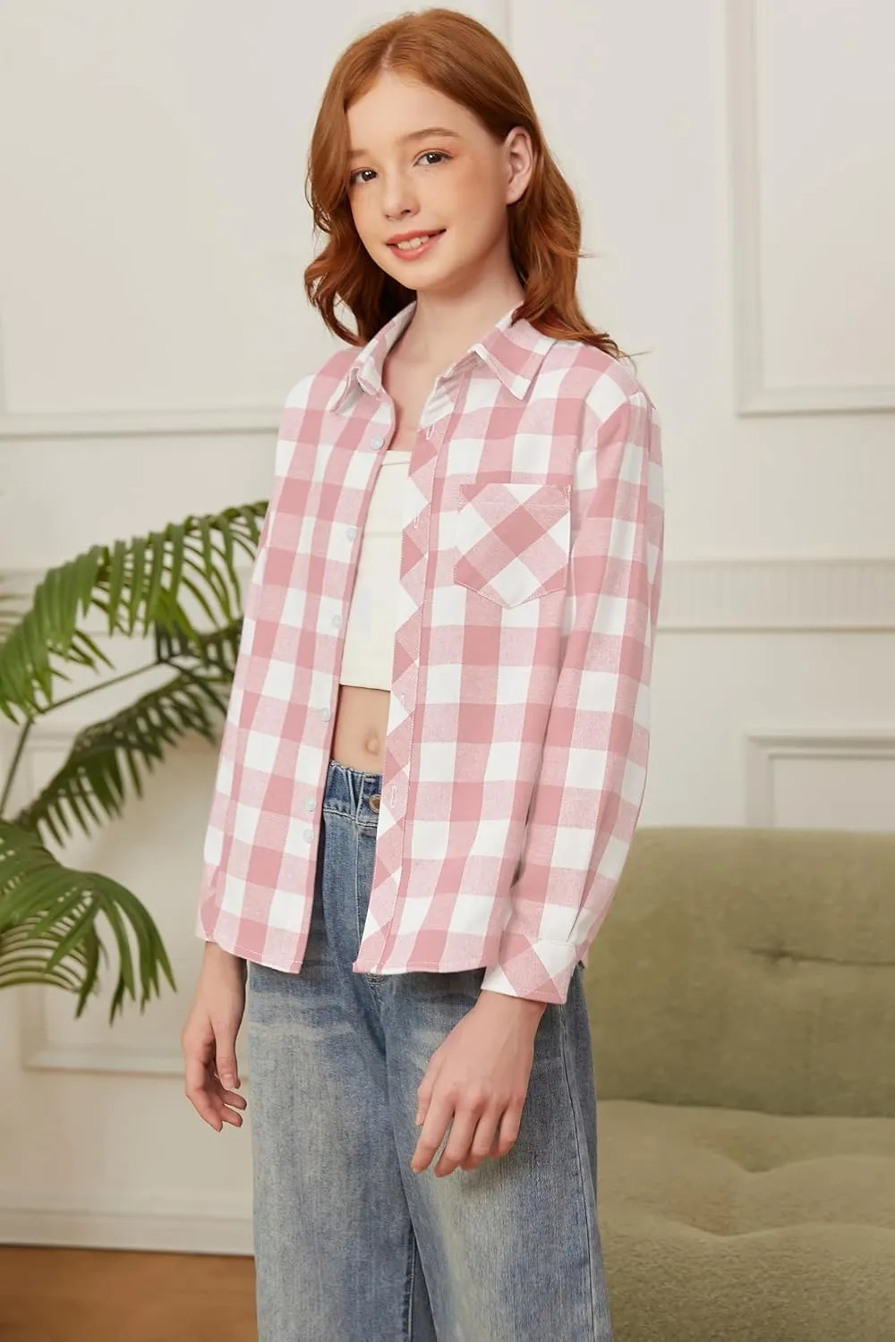 SANGTREE Womens and Girls Long Sleeve Flannel Shirt Casual Button Down Plaid Shirts, 3 Months - Adult 2XL