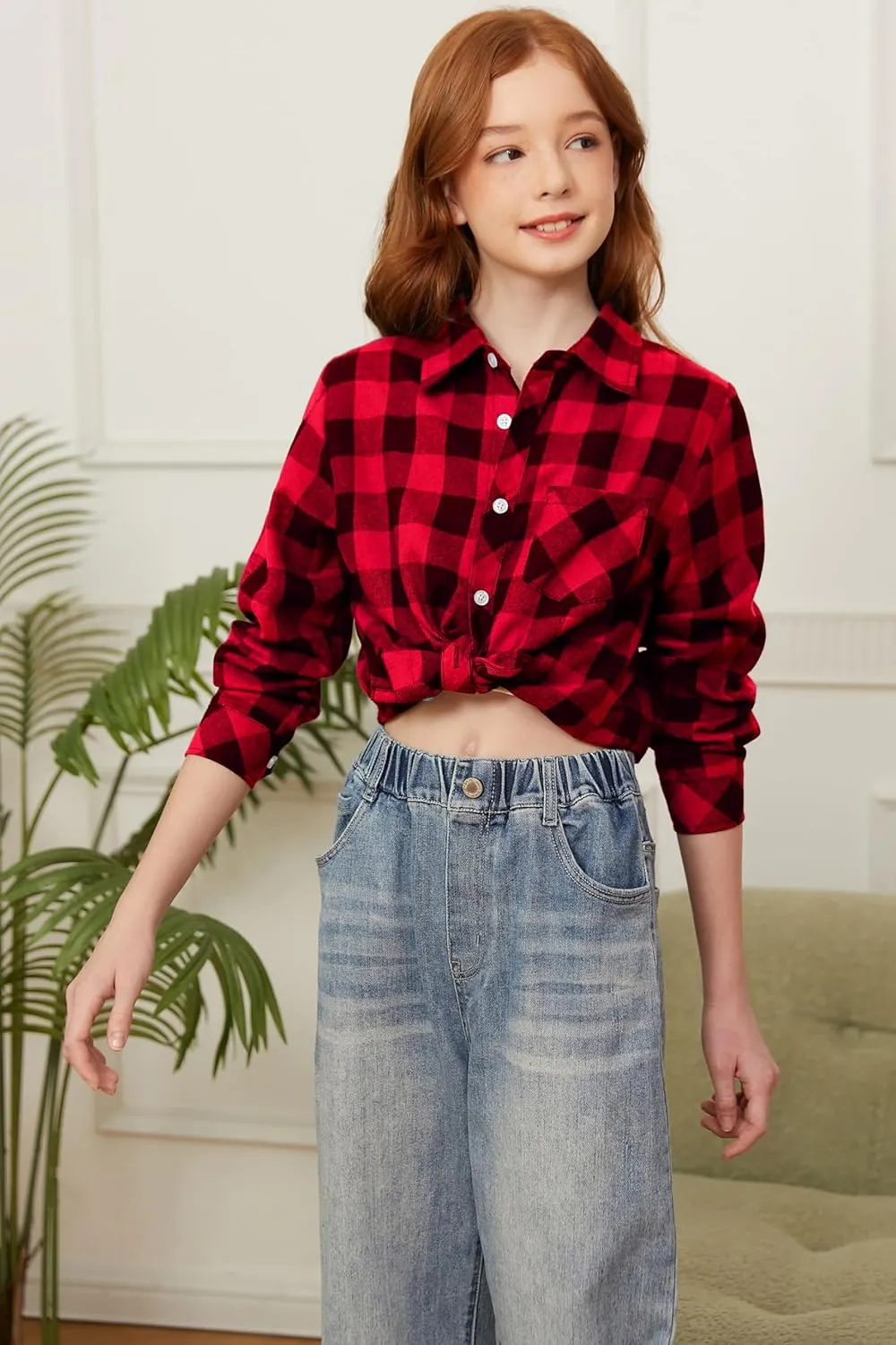 SANGTREE Womens and Girls Long Sleeve Flannel Shirt Casual Button Down Plaid Shirts, 3 Months - Adult 2XL