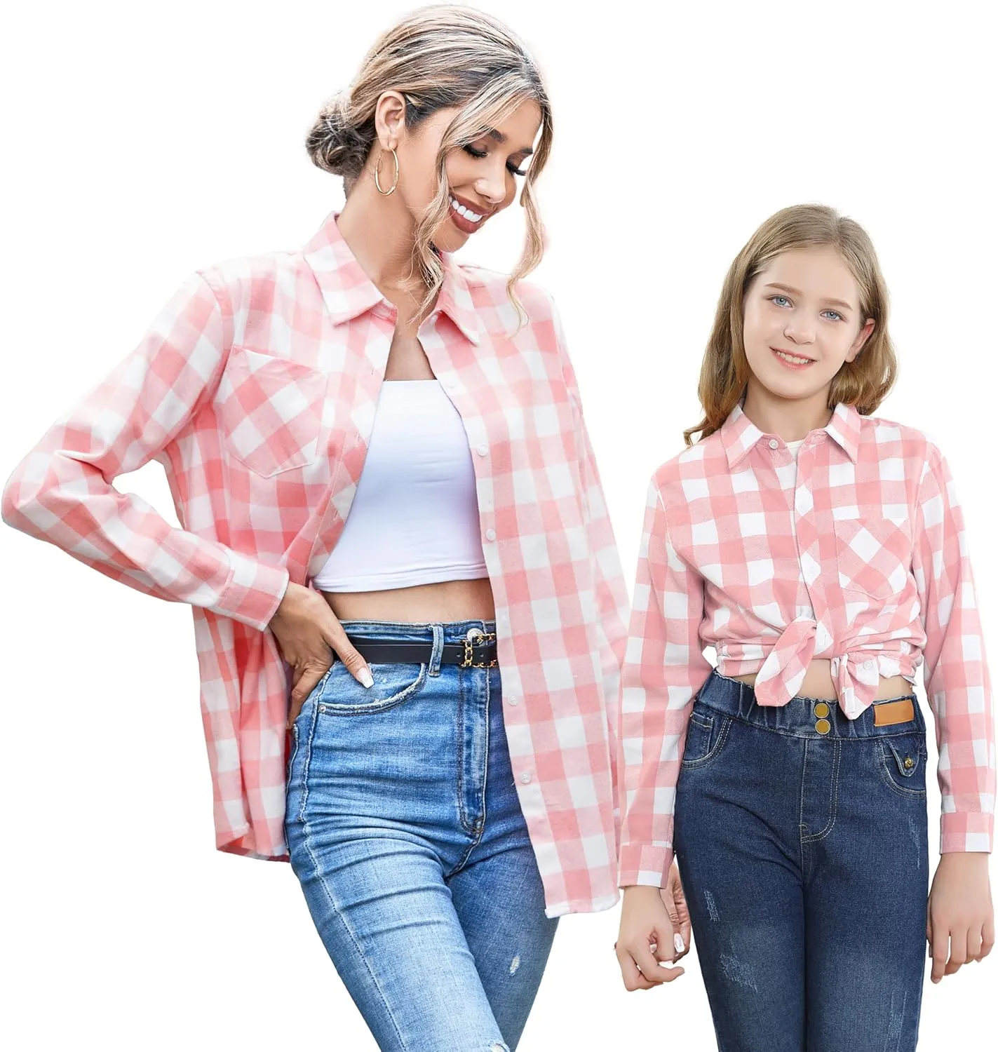SANGTREE Womens and Girls Long Sleeve Flannel Shirt Casual Button Down Plaid Shirts, 3 Months - Adult 2XL