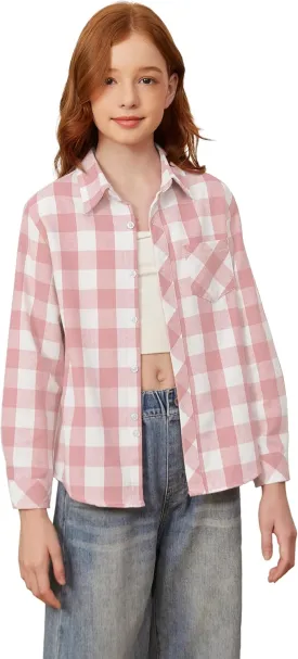 SANGTREE Womens and Girls Long Sleeve Flannel Shirt Casual Button Down Plaid Shirts, 3 Months - Adult 2XL