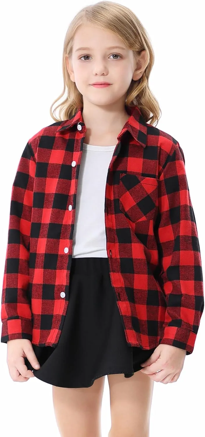 SANGTREE Womens and Girls Long Sleeve Flannel Shirt Casual Button Down Plaid Shirts, 3 Months - Adult 2XL