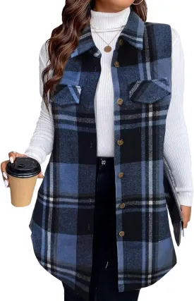 Sleeveless Flannel Vest for Women-Warm Plaid Vest,Button Front Fall Winter Waistcoat,Casual with Pockets(S-XXL