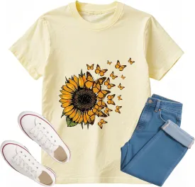 Sunflower Shirts for Women Graphic Tees Men Funny Graphic Butterfly Summer Tees T-Shirts Short Sleeve Casual Tops