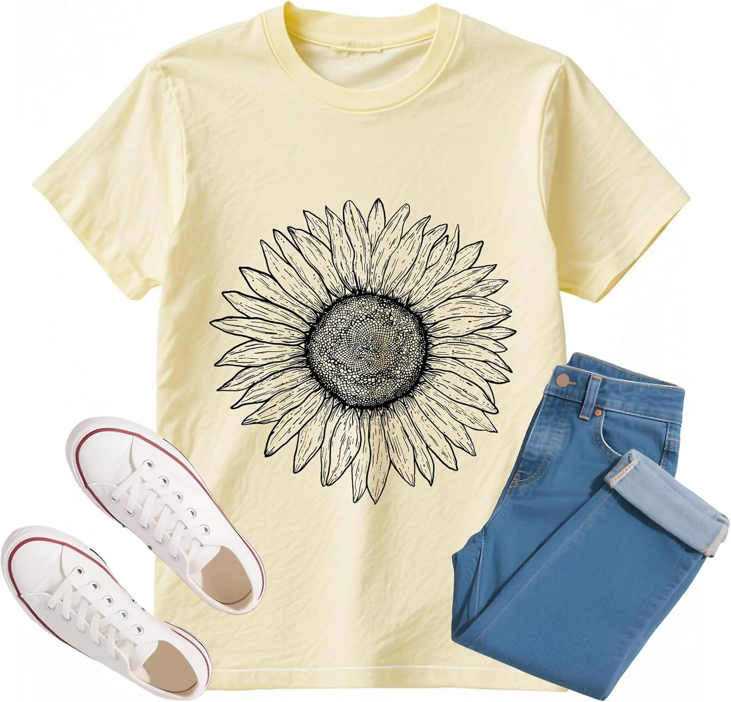 Sunflower Shirts for Women Graphic Tees Men Funny Graphic Butterfly Summer Tees T-Shirts Short Sleeve Casual Tops