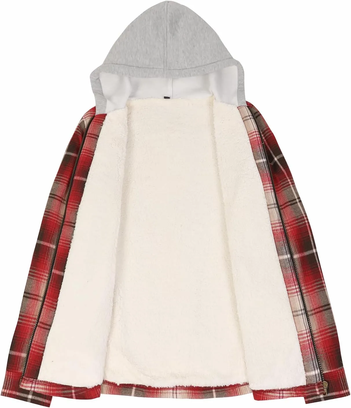 ThCreasa Womens Full Sherpa Lined Plaid Flannel Hooded Jacket with Hand Pockets, Zip Up Fuzzy Hoodie Flannel Shacket