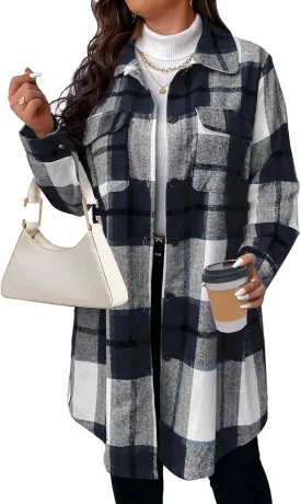 Women's 2025 Plus Size Plaid Flannel Shacket Loose Fit Long Shirts Jacket Tartan Boyfriend Oversized Coat