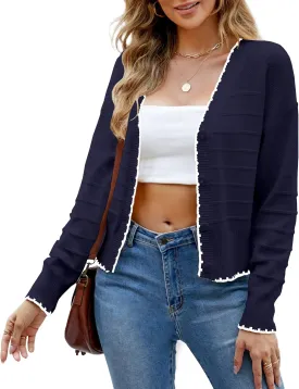 Women's Cropped Cardigan Long Sleeve V-Neck Button Down Cardigans Sweaters Open Front Knit Lightweight Outwear