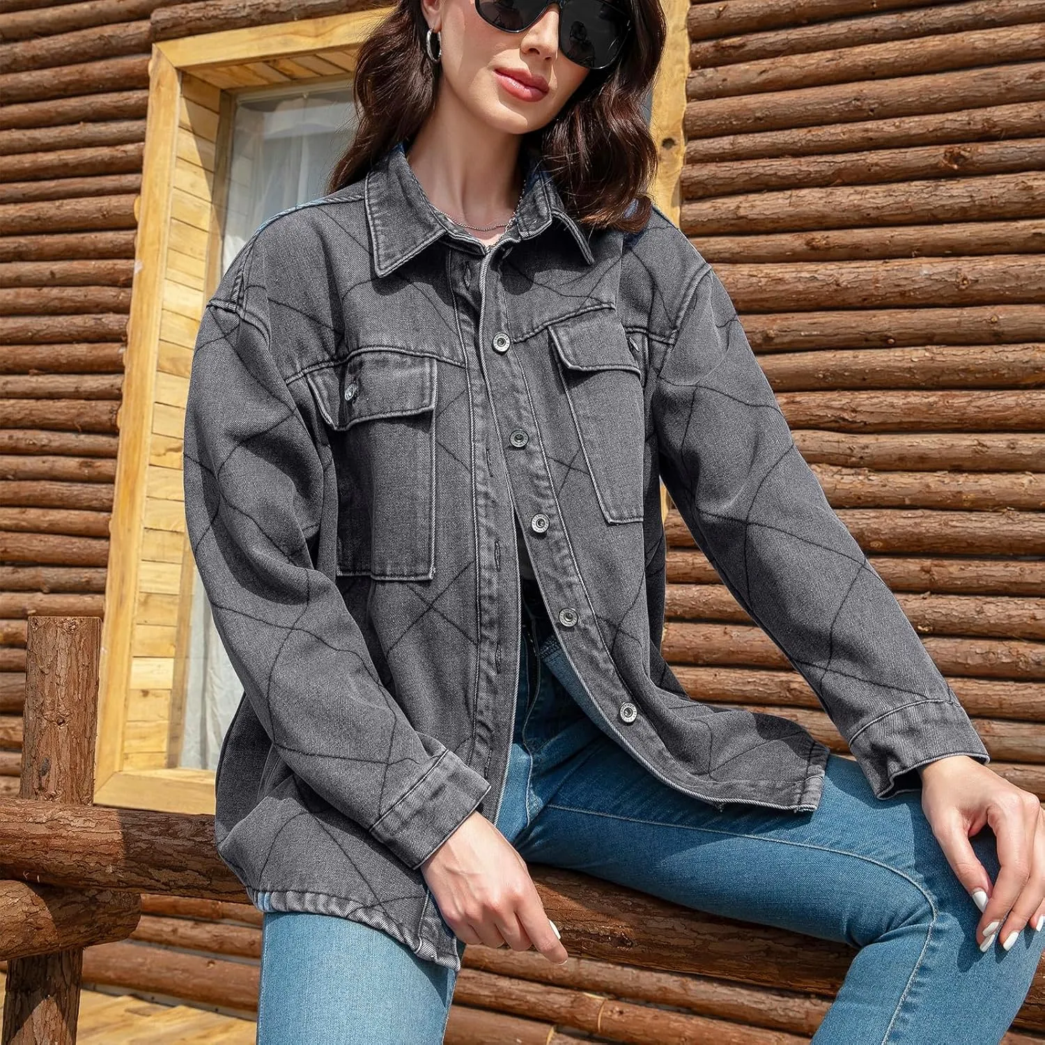 Women's Spring Denim Jacket-Lightweight Oversized Shacket with Soft Flannel Lining-Casual Everyday Wear