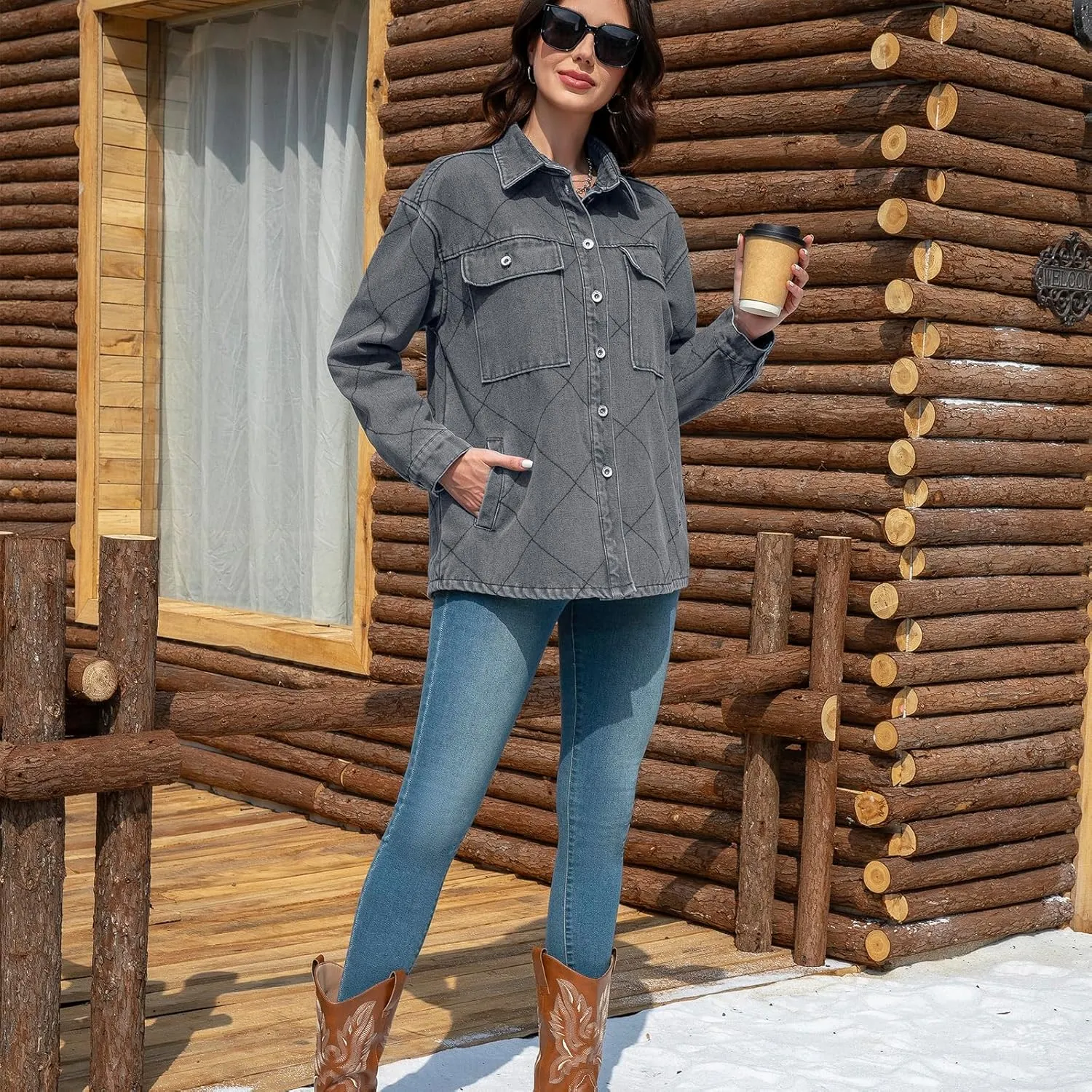 Women's Spring Denim Jacket-Lightweight Oversized Shacket with Soft Flannel Lining-Casual Everyday Wear