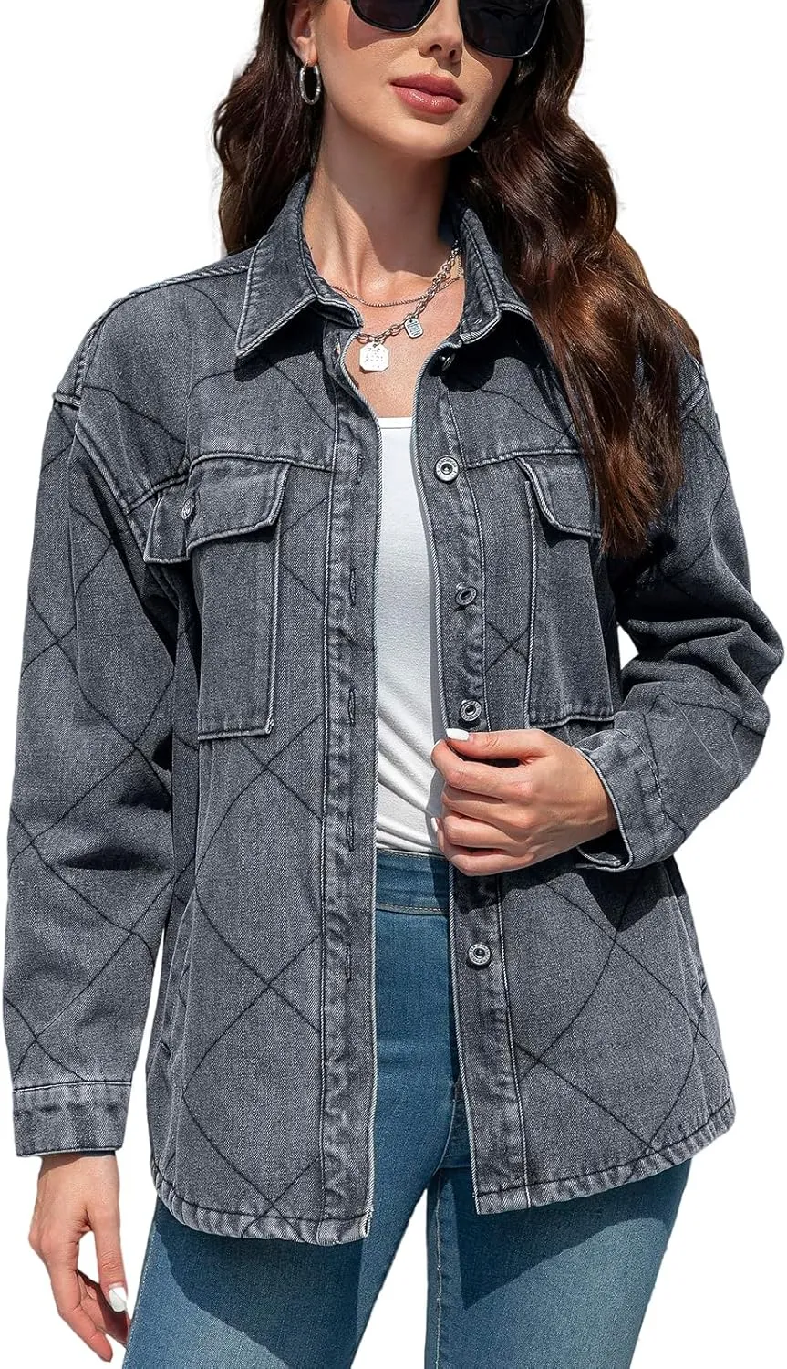 Women's Spring Denim Jacket-Lightweight Oversized Shacket with Soft Flannel Lining-Casual Everyday Wear