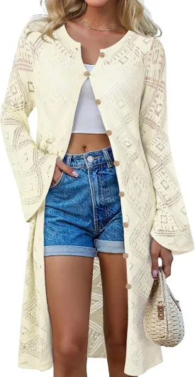Women's Summer Lightweight Open Front Long Cardigans Crochet Knit Bell Sleeve Button Hollow Out Beach Cover Ups