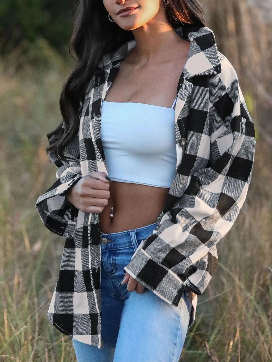 ZAFUL Womens Flannel Shacket Jacket Casual Plaid Wool Blend Button Down Long Sleeve Shirt 2024 Fall Clothes