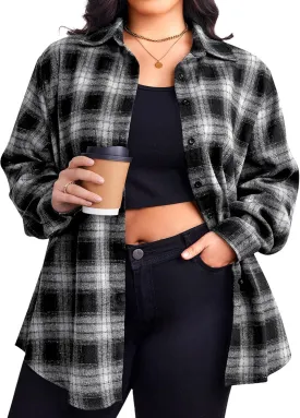 Zeagoo Womens Plus Size Flannel Shirts Plaid Shirts Long Sleeves Casual Button Down Collared Shacket Tops