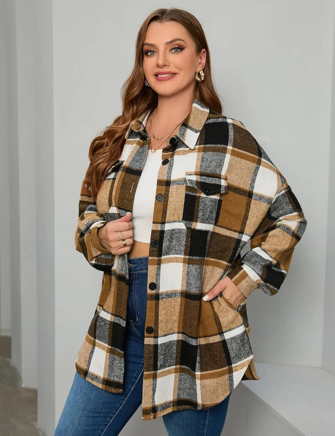 ZOMVA 2024 Women's 1X-5X Plus Size Flannel Plaid Corduroy Shacket Jacket Oversized Button Down Coats Shirts Winter Fall