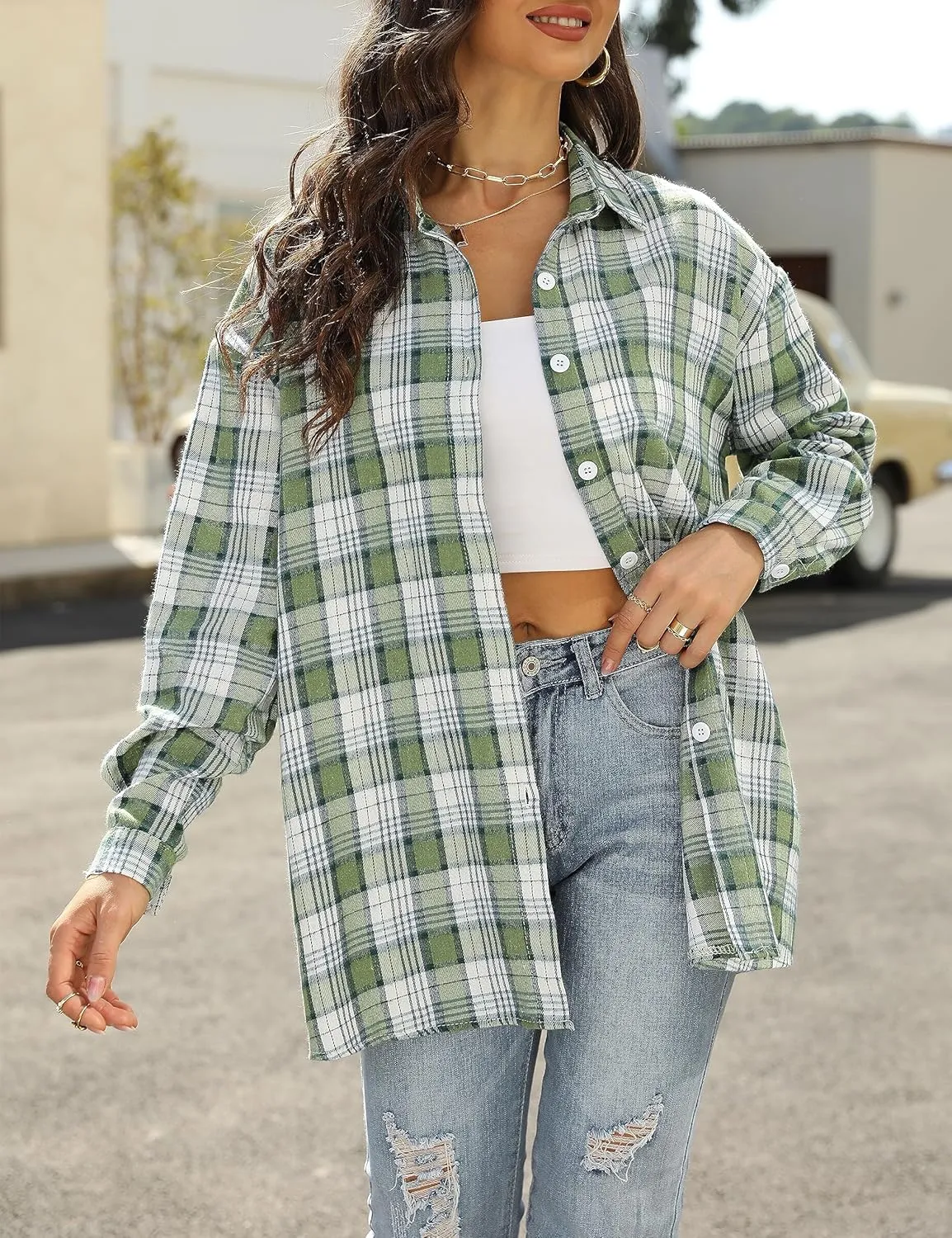 Zontroldy Plaid Flannel Shirts for Women Oversized Long Sleeve Button Down Buffalo Plaid Shirt Blouse Tops