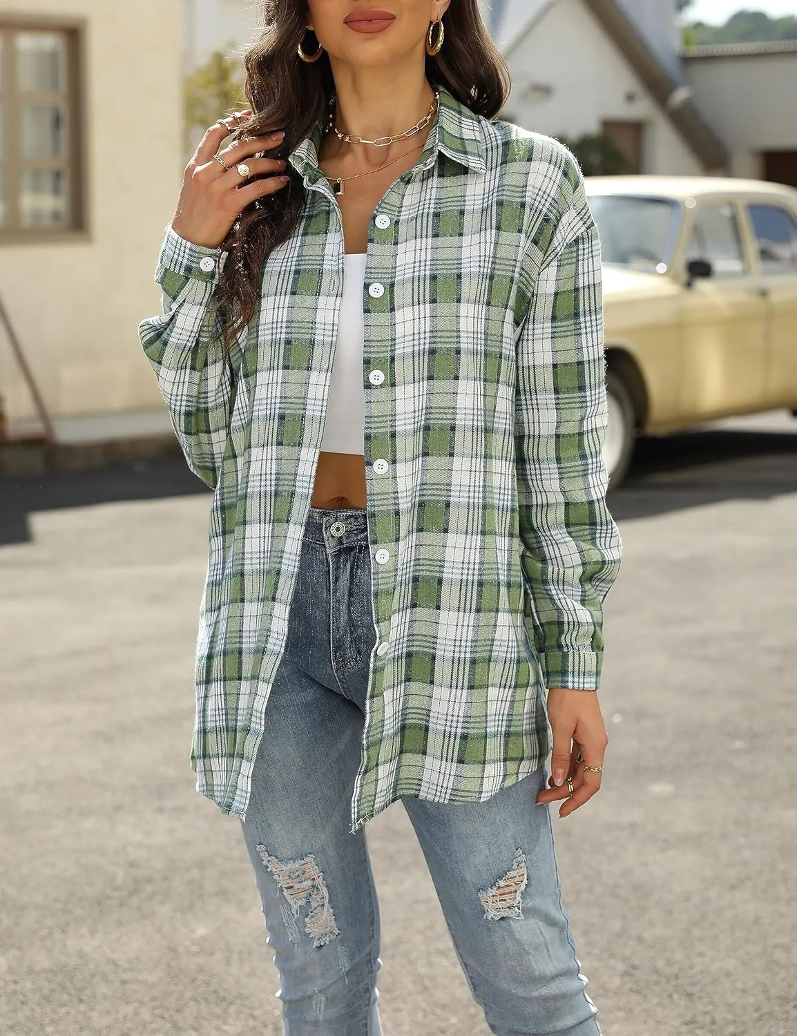 Zontroldy Plaid Flannel Shirts for Women Oversized Long Sleeve Button Down Buffalo Plaid Shirt Blouse Tops