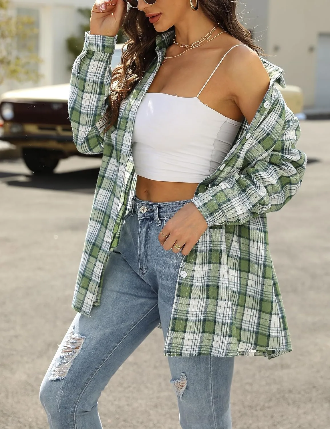 Zontroldy Plaid Flannel Shirts for Women Oversized Long Sleeve Button Down Buffalo Plaid Shirt Blouse Tops
