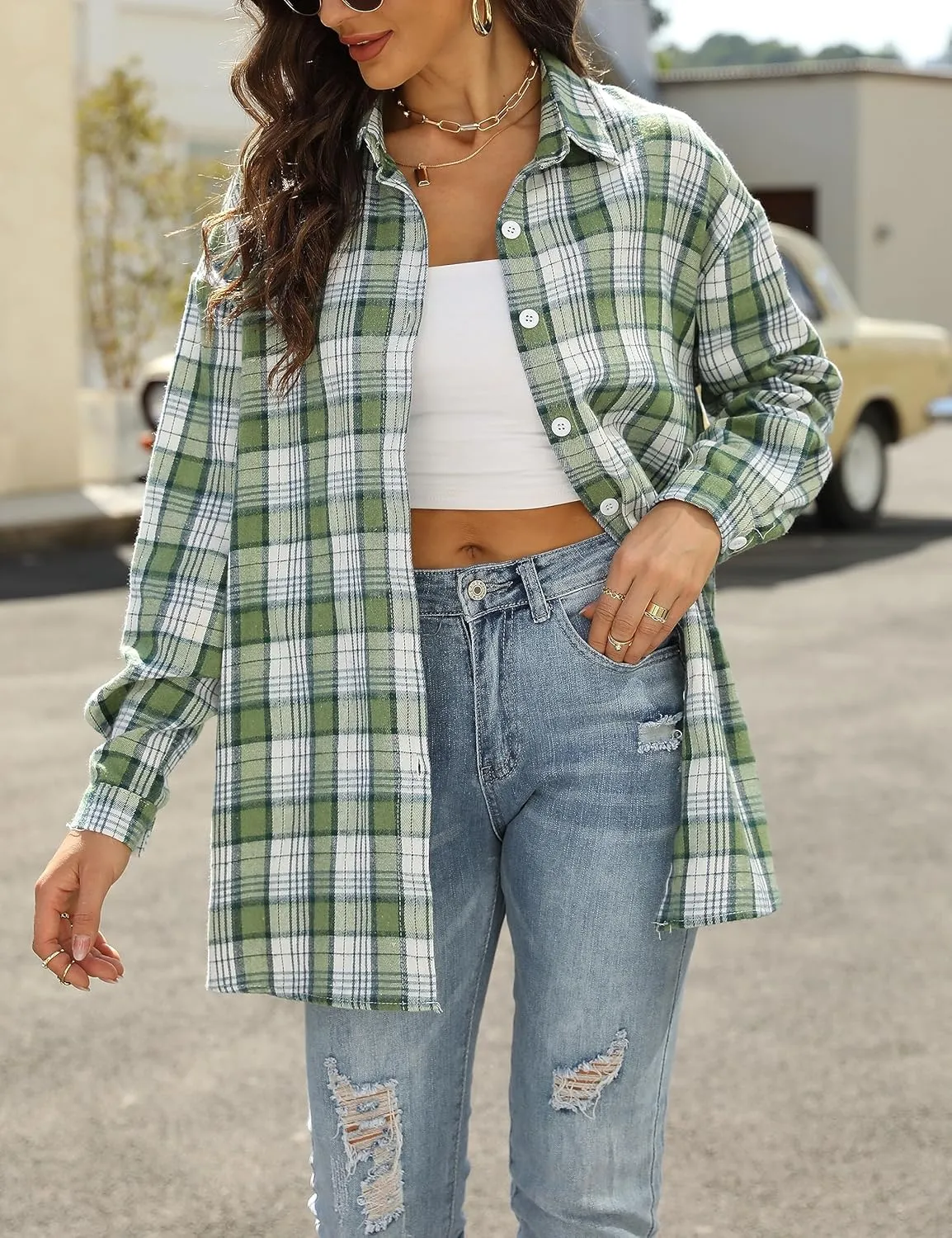 Zontroldy Plaid Flannel Shirts for Women Oversized Long Sleeve Button Down Buffalo Plaid Shirt Blouse Tops