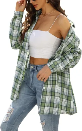 Zontroldy Plaid Flannel Shirts for Women Oversized Long Sleeve Button Down Buffalo Plaid Shirt Blouse Tops