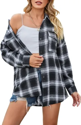 Zontroldy Womens Flannel Plaid Shirts Oversized Lightweight Buffalo Plaid Button Down Shirt Blouse Tops