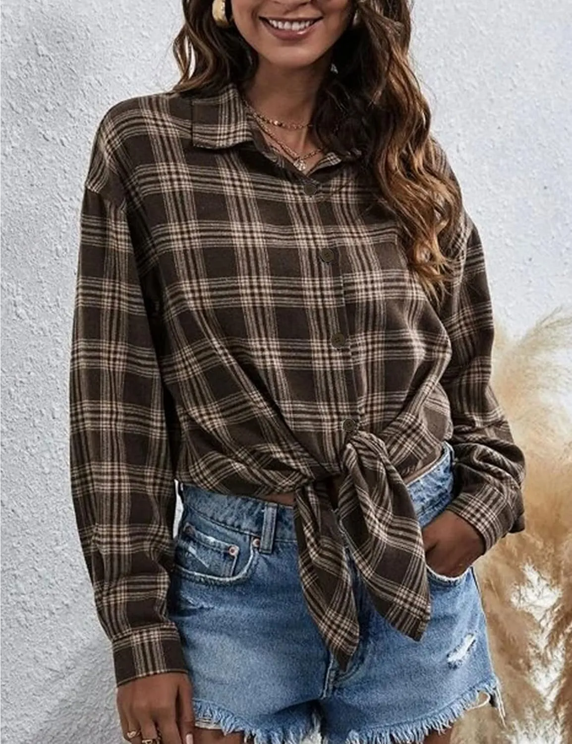 Zontroldy Womens Flannel Plaid Shirts Oversized Lightweight Buffalo Plaid Button Down Shirt Blouse Tops