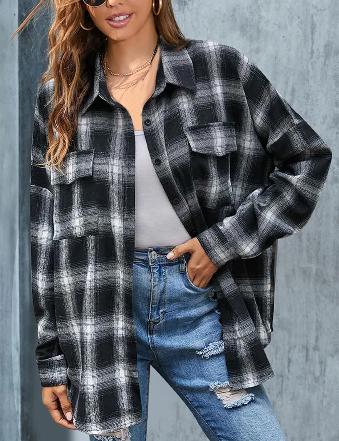 Zontroldy Womens Flannel Plaid Shirts Oversized Lightweight Buffalo Plaid Button Down Shirt Blouse Tops