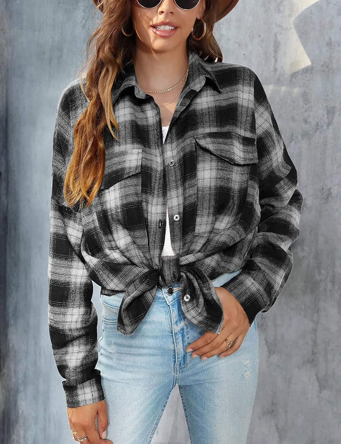 Zontroldy Womens Flannel Plaid Shirts Oversized Lightweight Buffalo Plaid Button Down Shirt Blouse Tops
