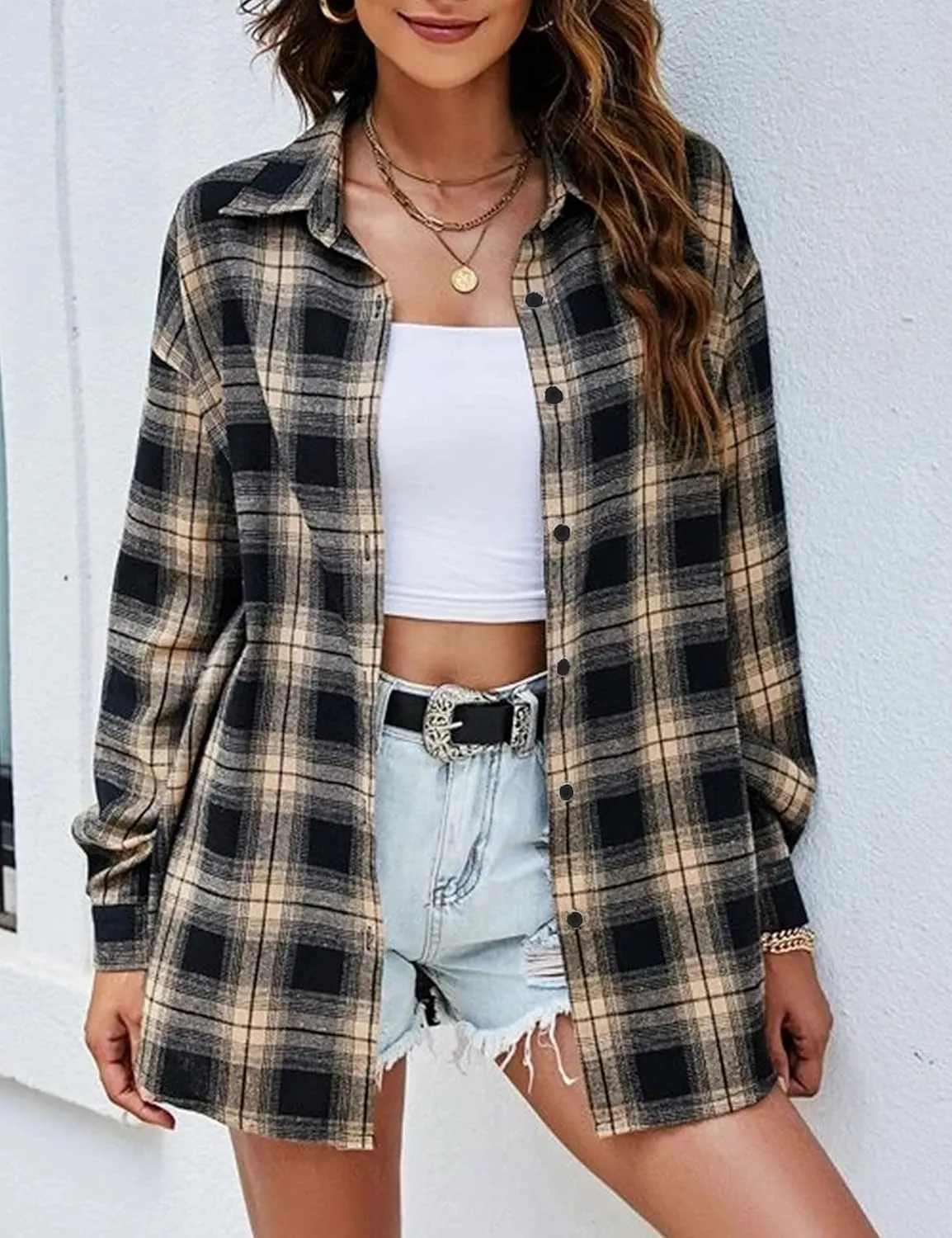 Zontroldy Womens Flannel Plaid Shirts Oversized Lightweight Buffalo Plaid Button Down Shirt Blouse Tops