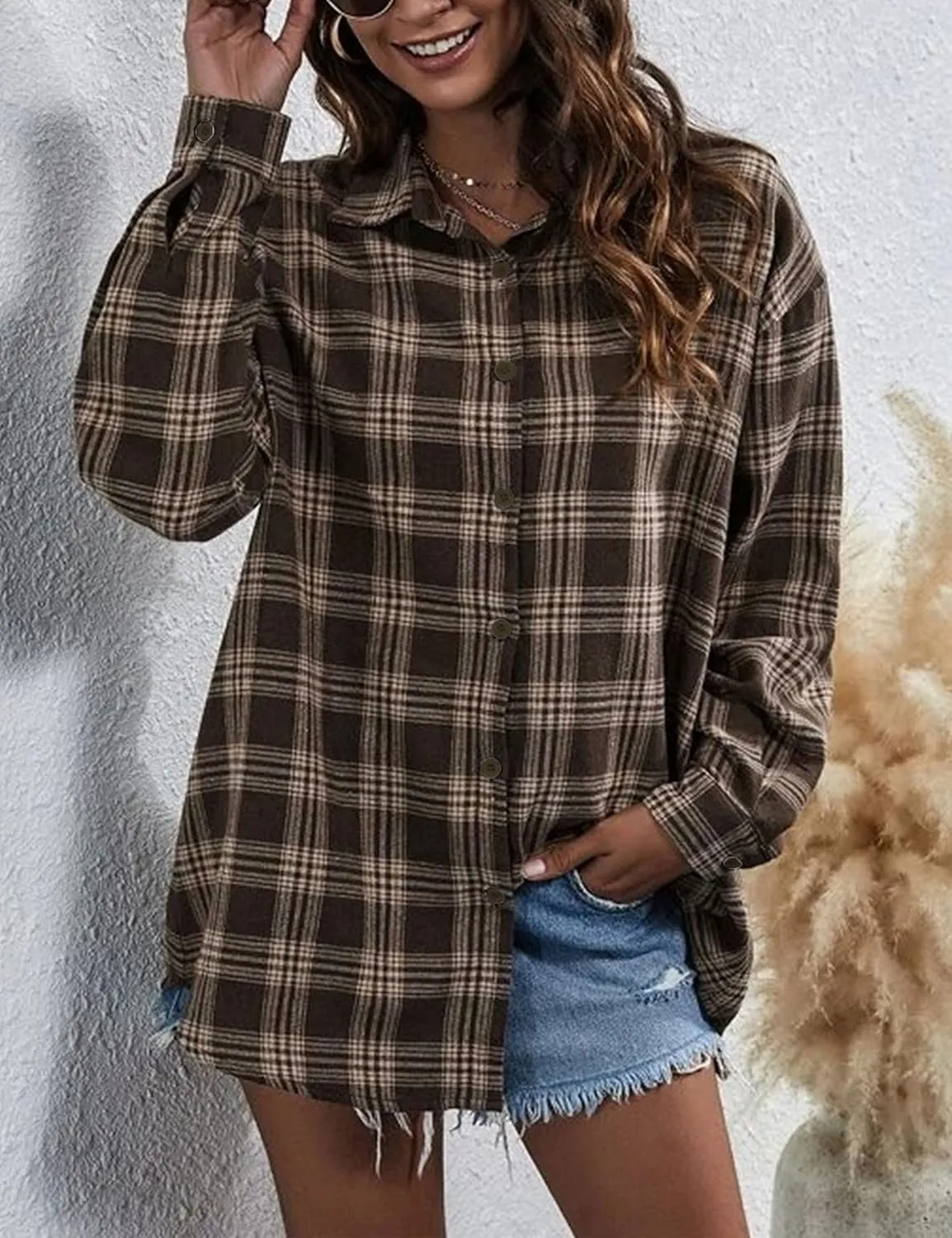 Zontroldy Womens Flannel Plaid Shirts Oversized Lightweight Buffalo Plaid Button Down Shirt Blouse Tops
